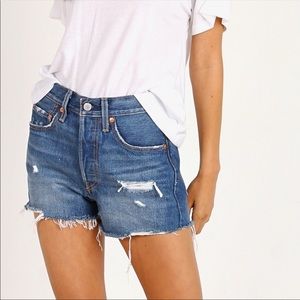 Levi’s Premium 501 High Waist Distressed Denim Jean Shorts in Drive Me Crazy